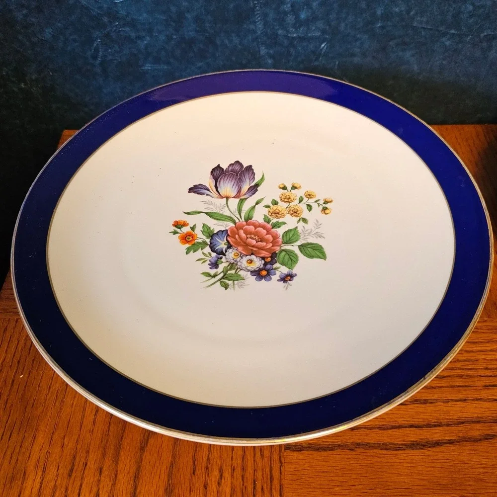 JKW Western Germany Fine Porcelain Floral Pedestal Cake Stand Cobalt Blue Gold